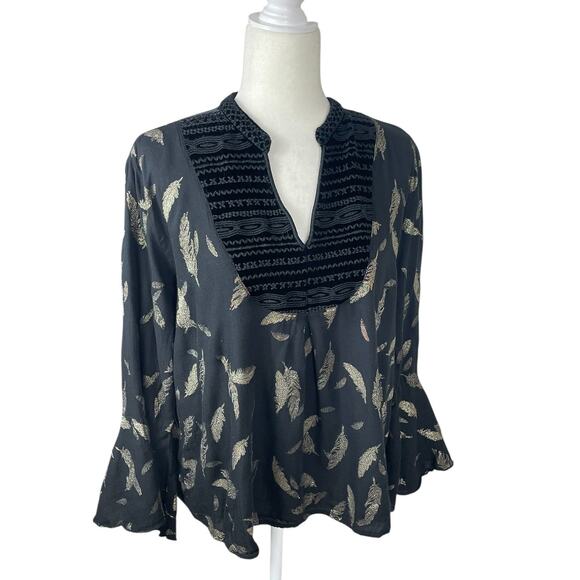 Johnny Was Workshop Feather Velvet Bell Sleeve Top Boho Black Gold Size Medium - Picture 7 of 15
